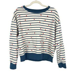 Pact Scattered Hearts Striped Sweatshirt Organic Cotton Blue Cream Size Medium
